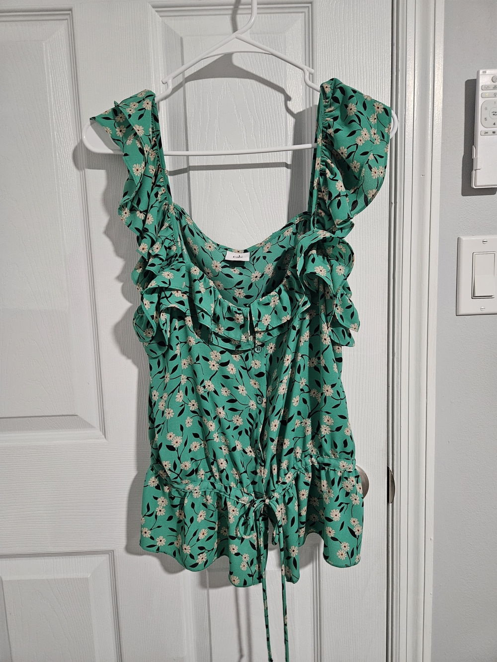 CAbi Green Floral Ruffled Tie-Waist Cami